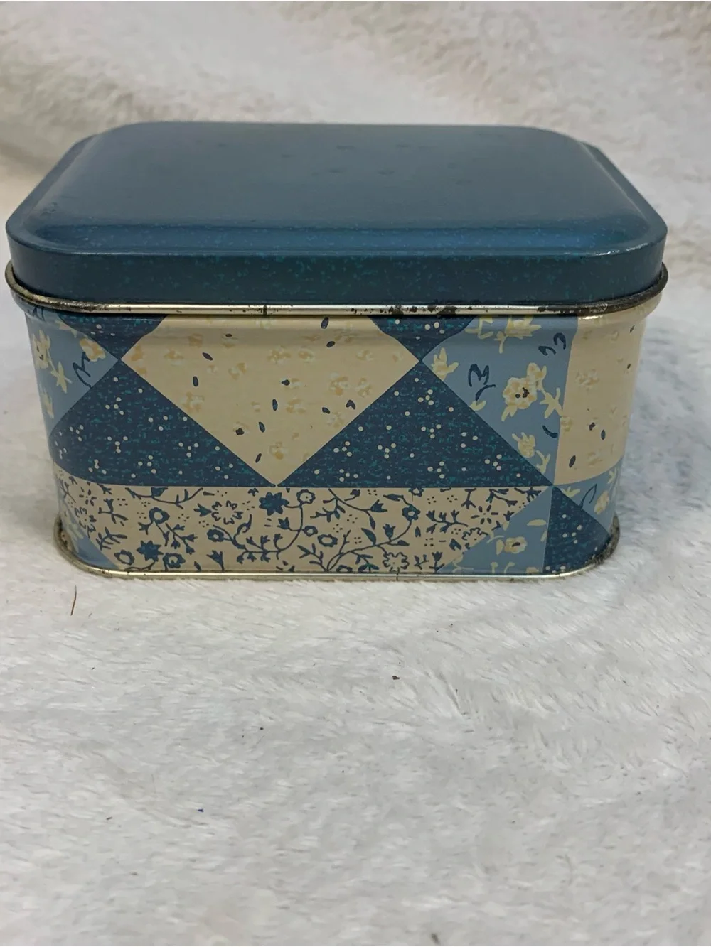 Vintage Blue Patchwork Cottagecore Country Farmhouse Decorative Tin Storage Box